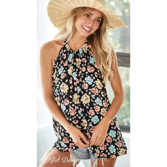 ❤️LAST ONE! Floral Print Black Woven Back Tie Halter Top! - Picture 6 of 11